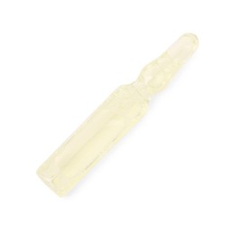 Photo of One glass ampoule with liquid isolated on white, top view