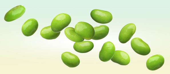 Delicious edamame soybeans flying on color background