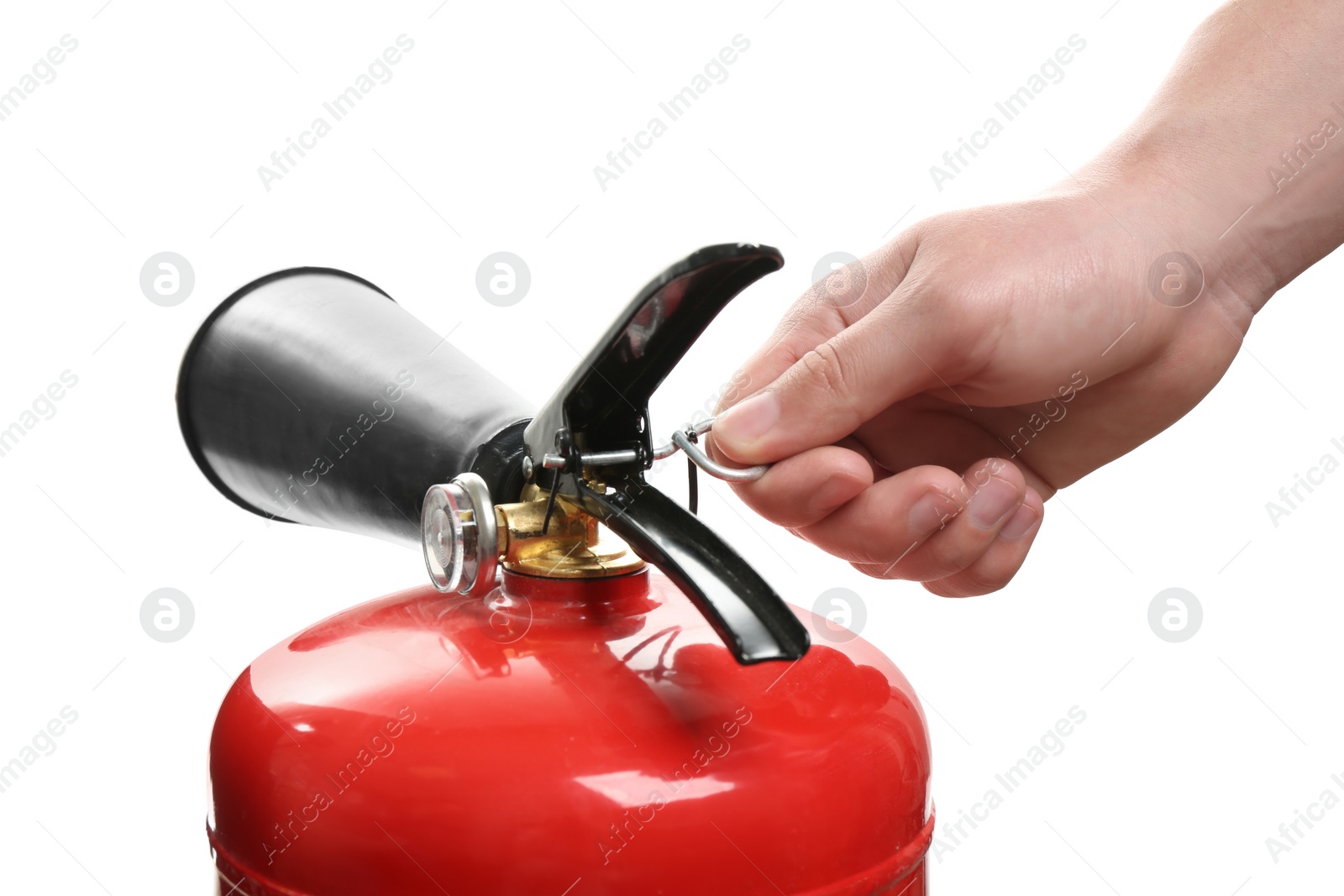 Photo of Man using fire extinguisher on white background, closeup