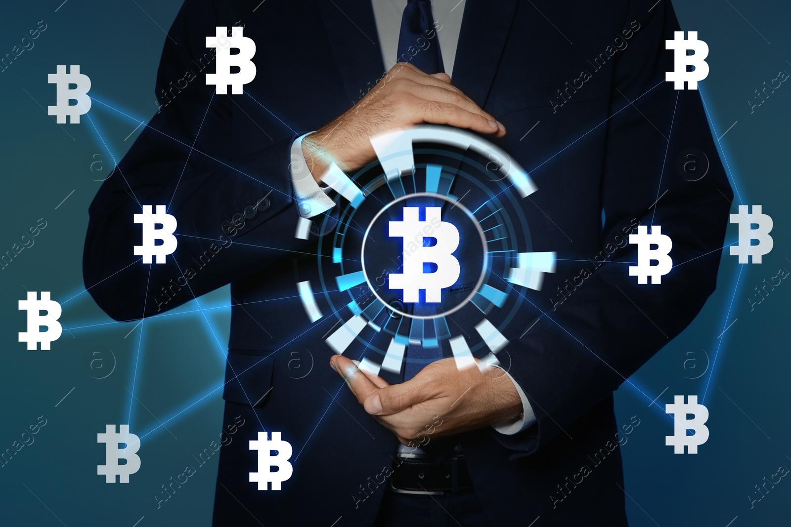Image of Fintech concept. Businessman demonstrating scheme with bitcoin symbols