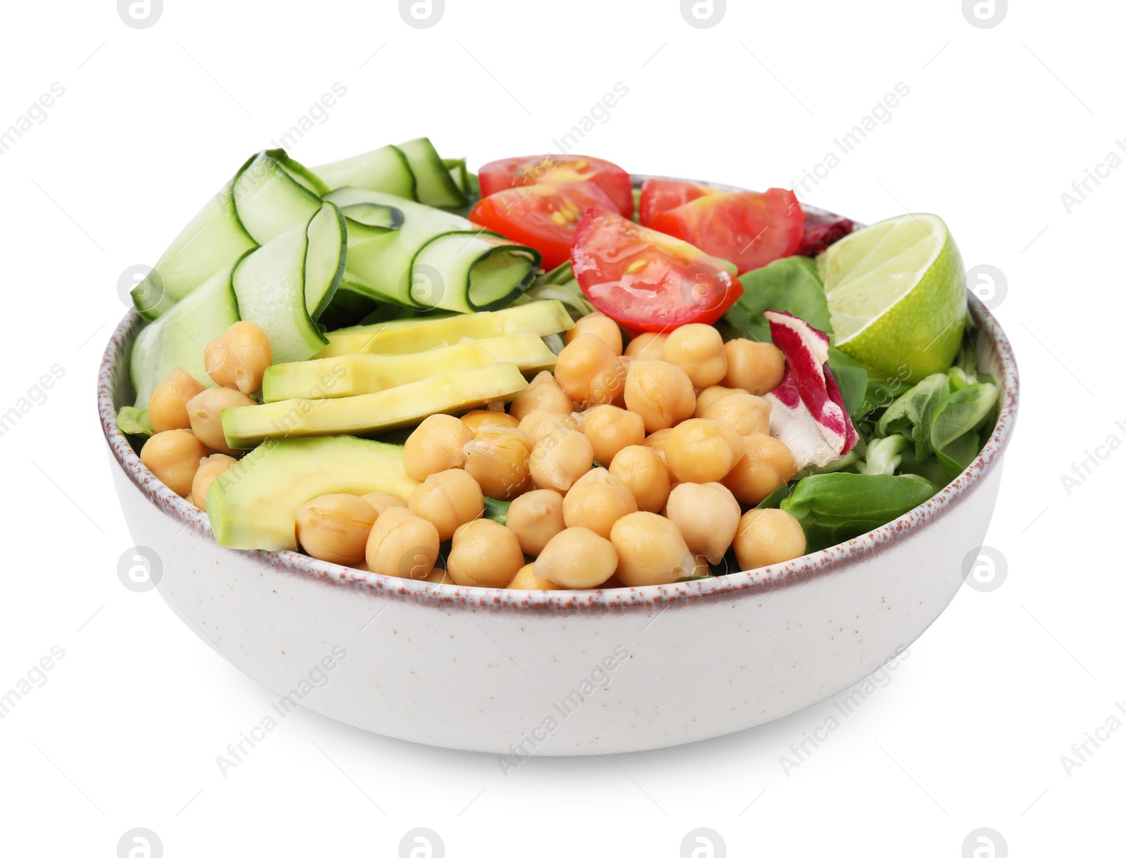 Photo of Tasty salad with chickpeas and vegetables isolated on white