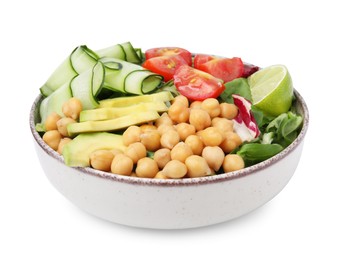 Photo of Tasty salad with chickpeas and vegetables isolated on white