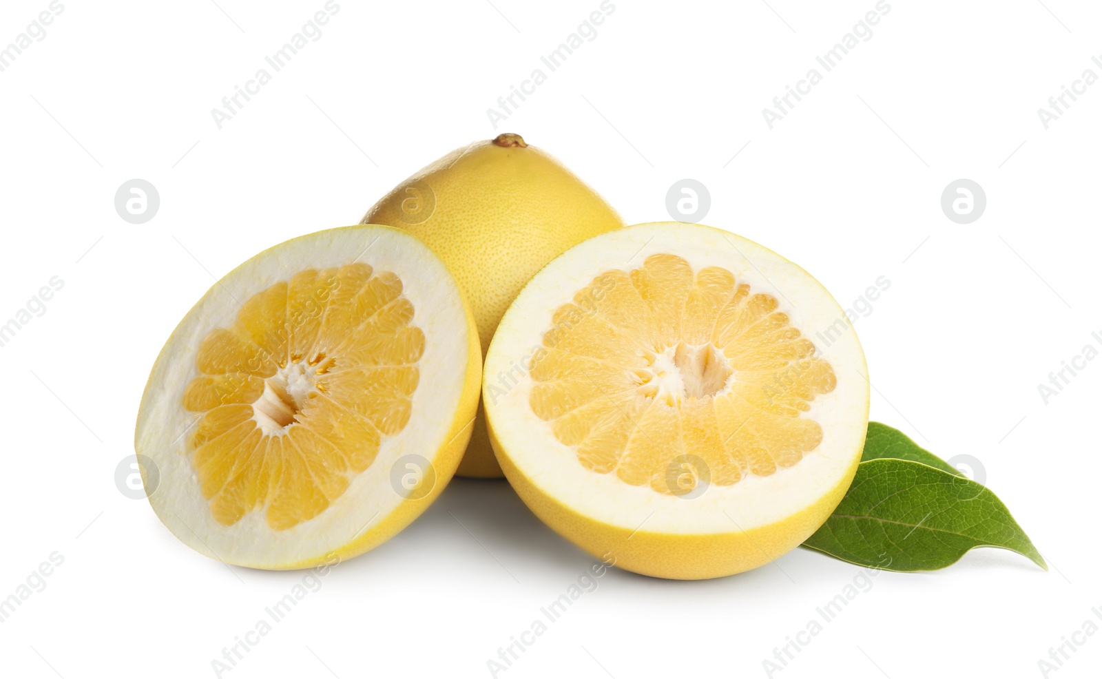 Photo of Fresh cut and whole pomelo fruits isolated on white