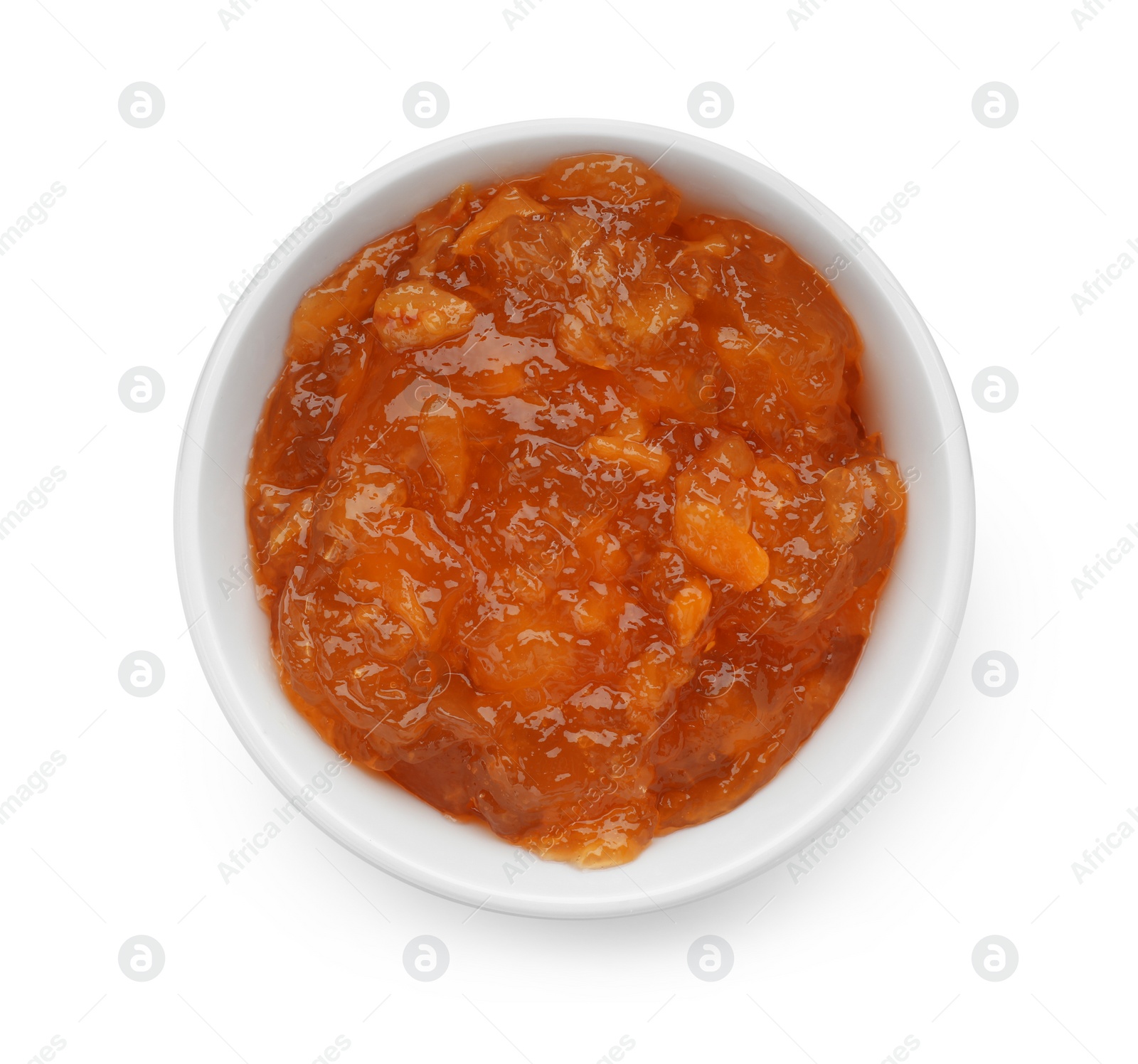 Photo of Bowl with peach jam on white background, top view