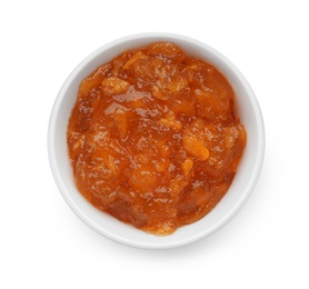 Bowl with peach jam on white background, top view