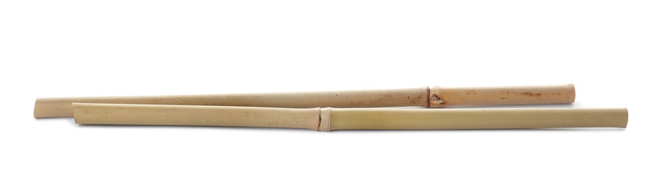 Photo of Dry bamboo sticks on white background