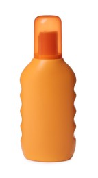 Photo of Orange plastic bottle of cosmetic product isolated on white