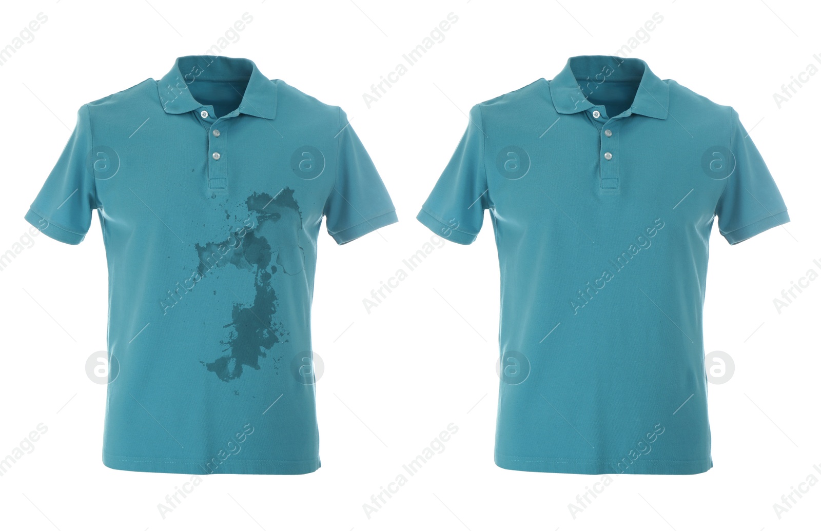 Image of Stylish polo shirt before and after dry-cleaning on white background 