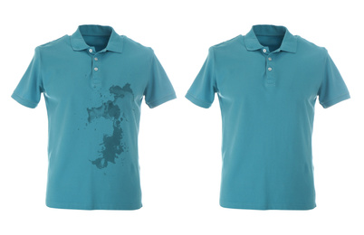 Image of Stylish polo shirt before and after dry-cleaning on white background 