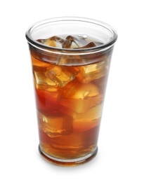 Photo of Glass of tasty iced tea on white background