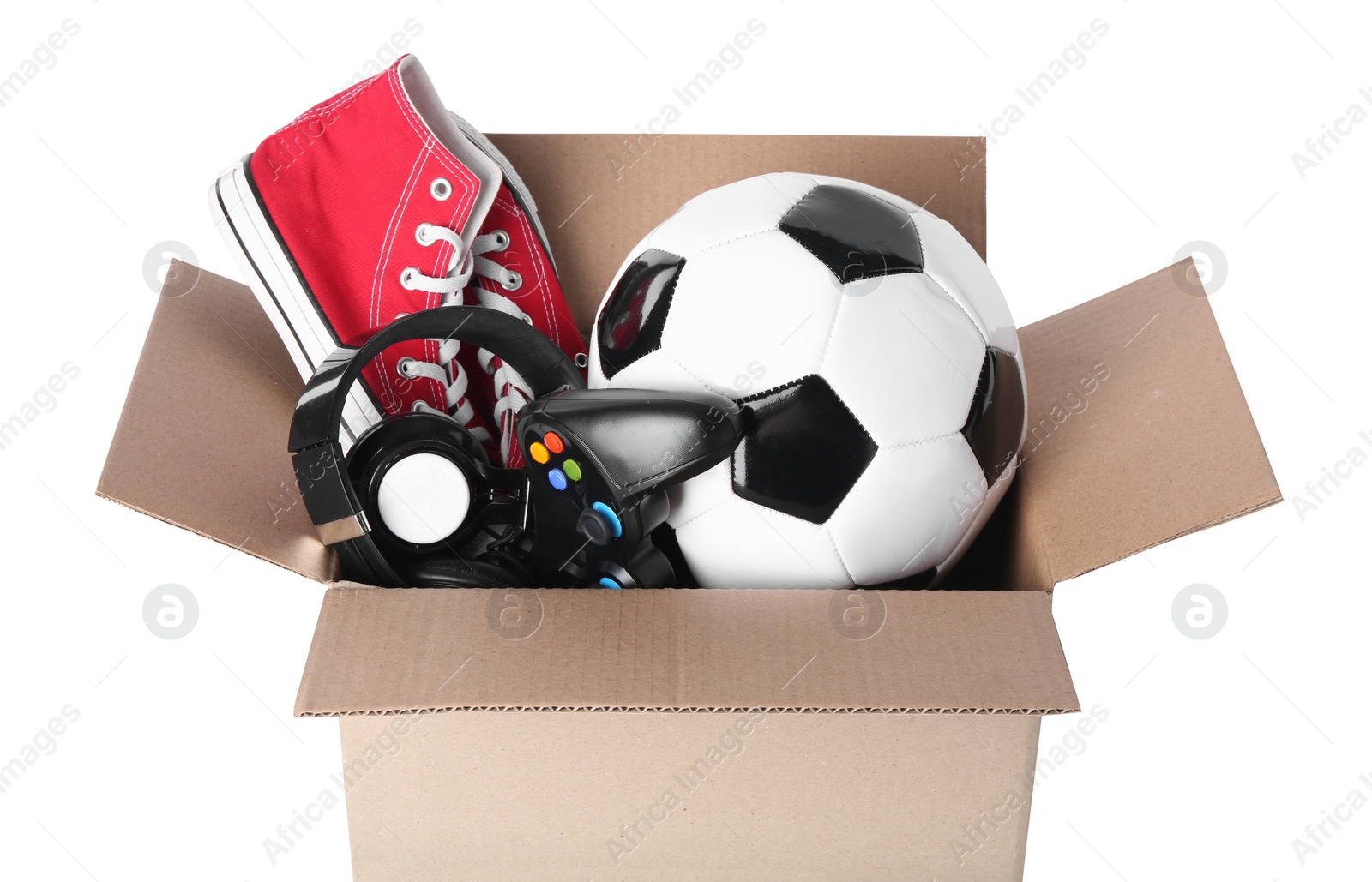 Photo of Box of unwanted stuff isolated on white