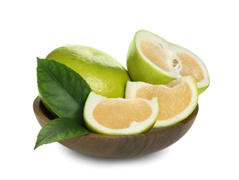 Photo of Whole and cut sweetie fruits with green leaves on white background