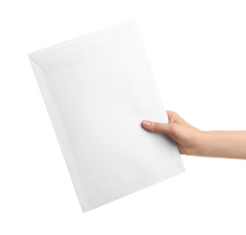 Photo of Woman holding paper envelope on white background, closeup