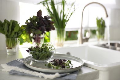 Bowl of fresh organic microgreen on countertop near sink in kitchen