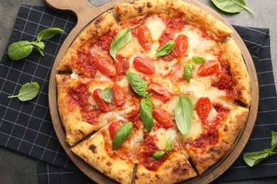 Photo of Delicious Margherita pizza and basil on grey table, top view