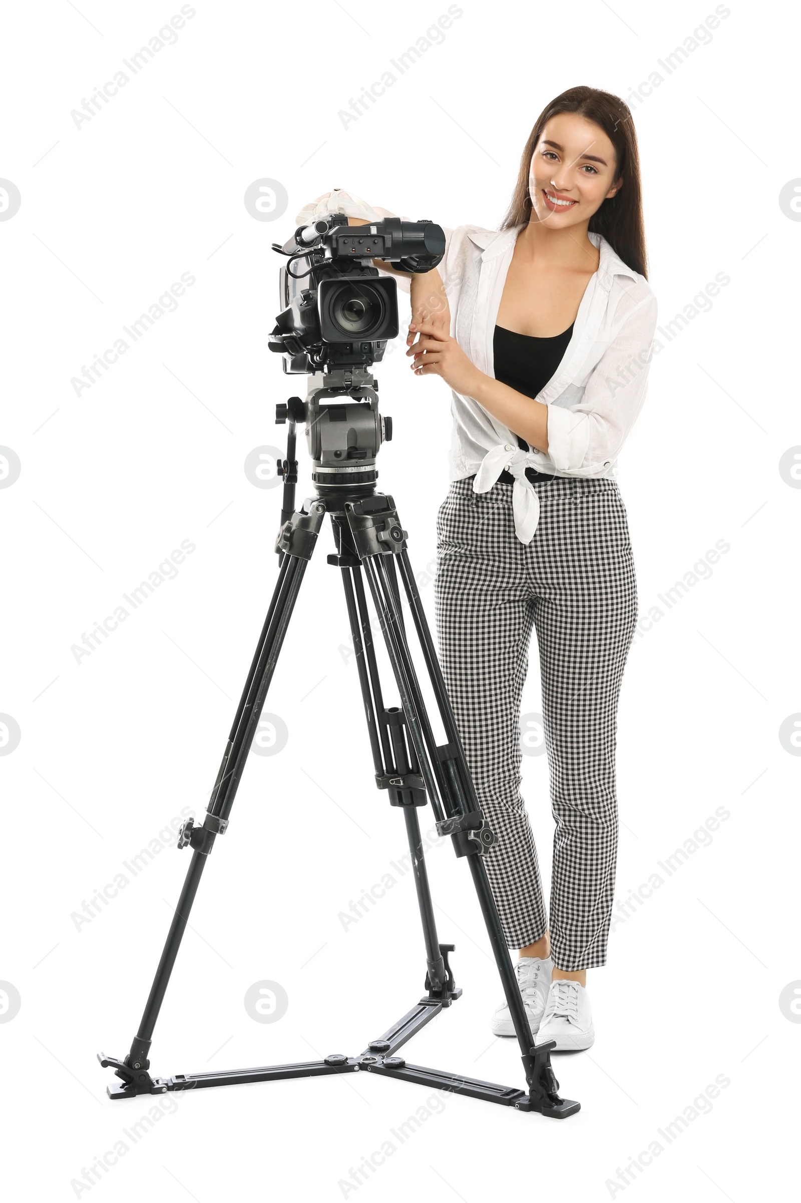 Photo of Operator with professional video camera on white background