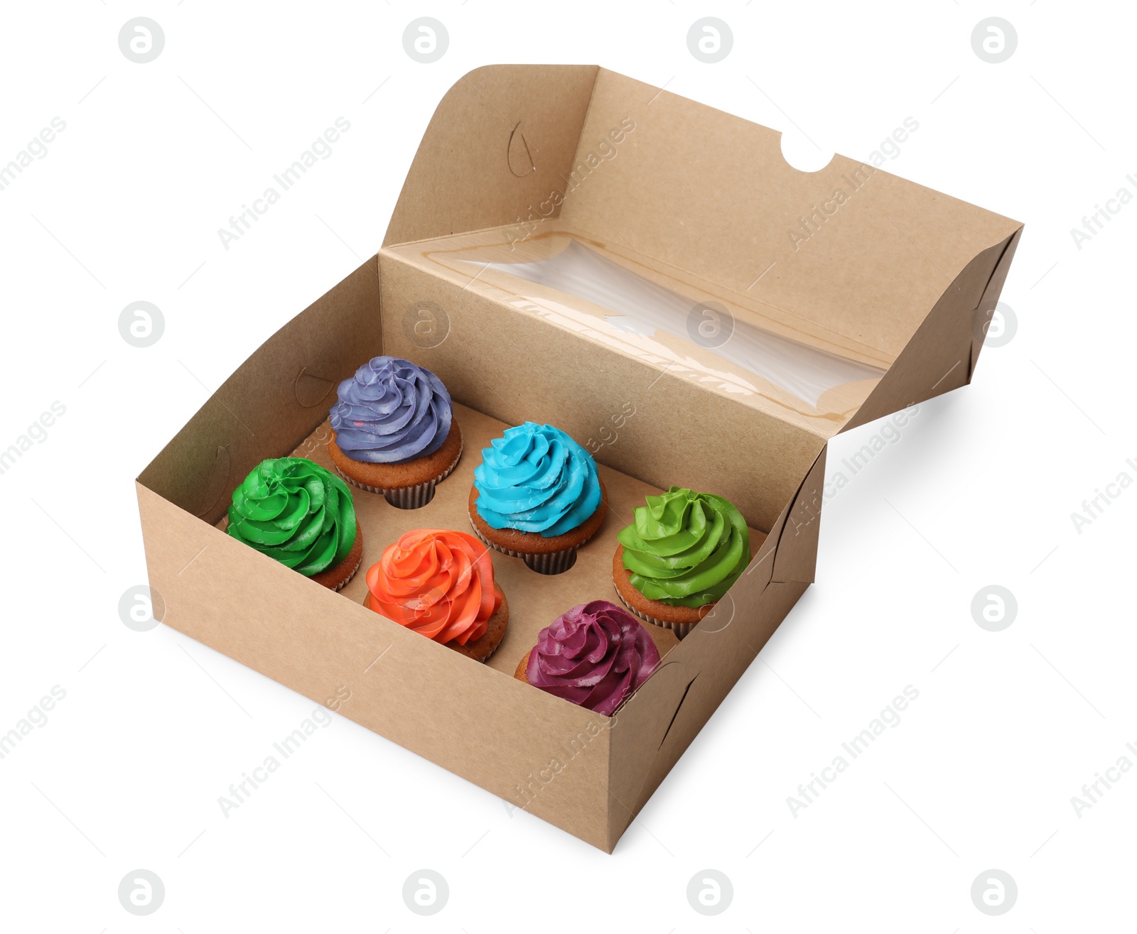 Photo of Box with different cupcakes on white background