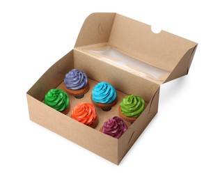 Box with different cupcakes on white background