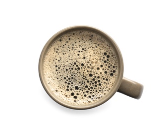 Cup with delicious hot coffee on white background