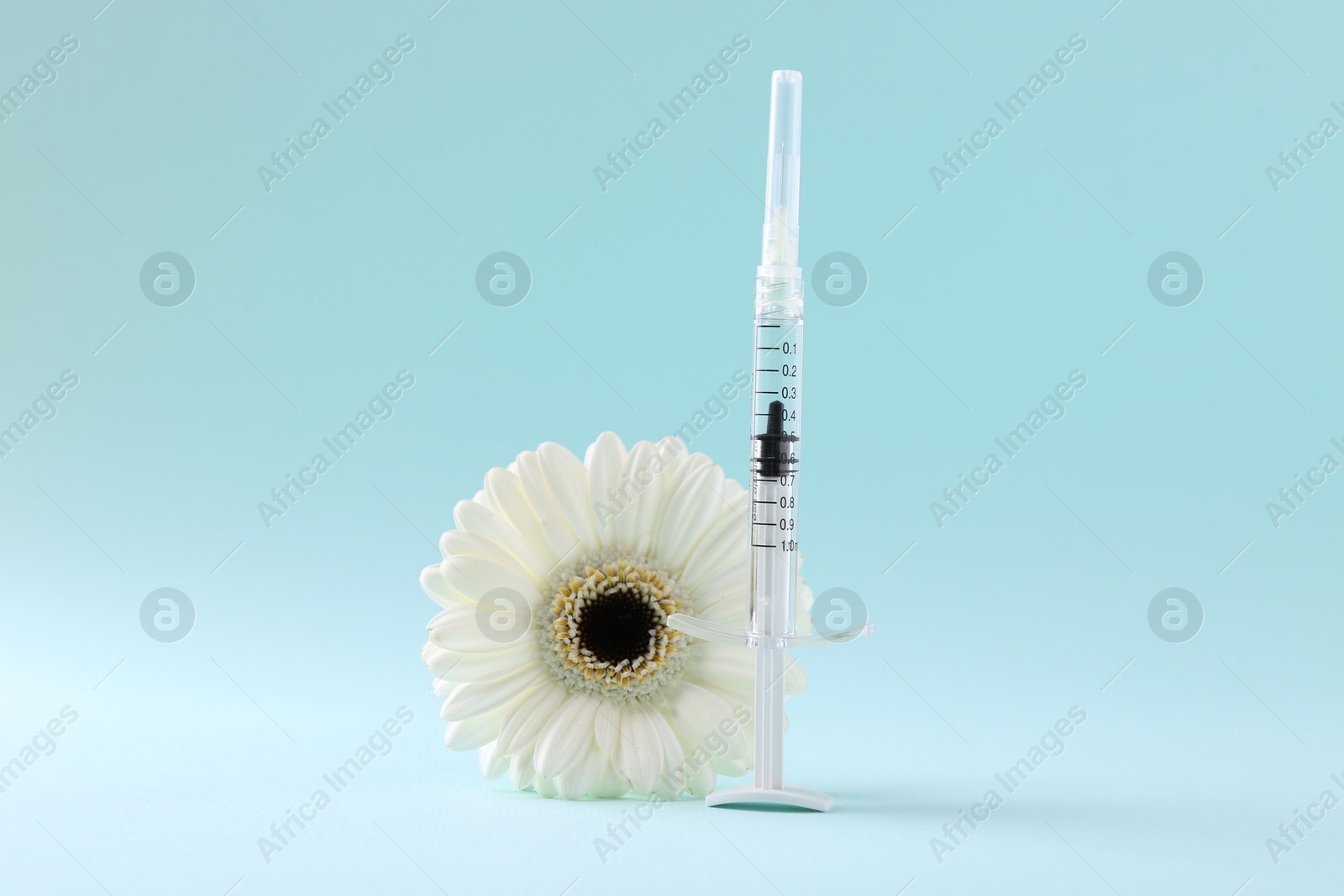 Photo of Cosmetology. Medical syringe and gerbera flower on light blue background