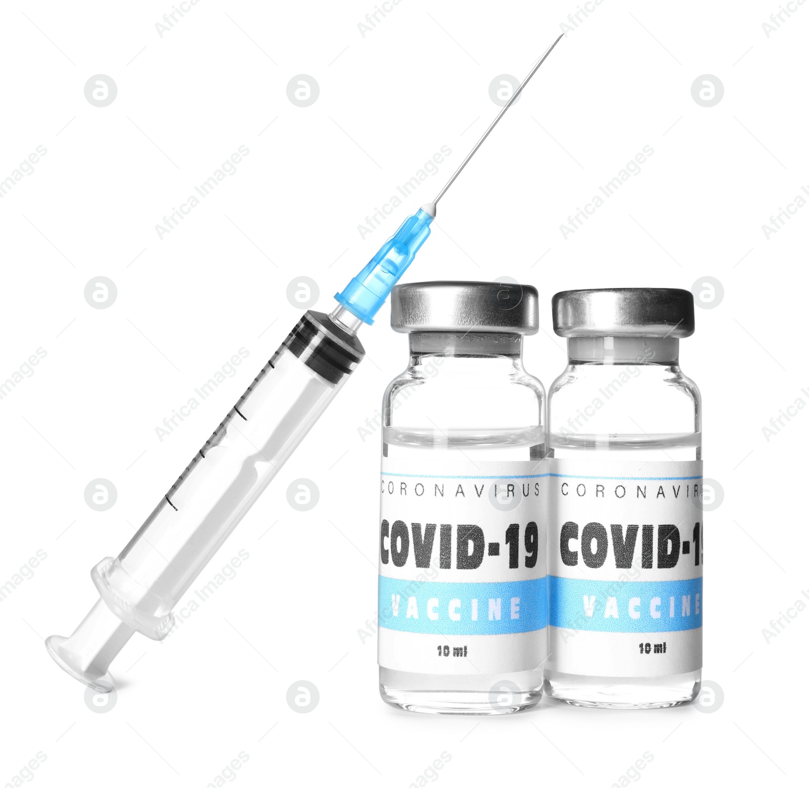 Photo of Vials with vaccine against coronavirus and syringe on white background