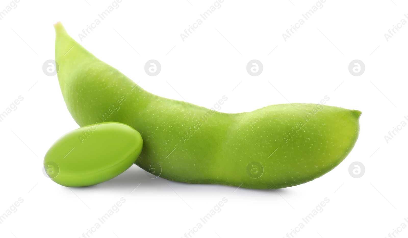 Photo of Fresh green edamame pod and bean on white background