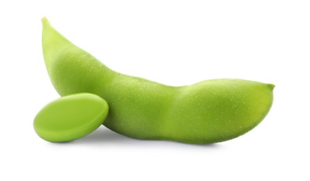 Fresh green edamame pod and bean on white background