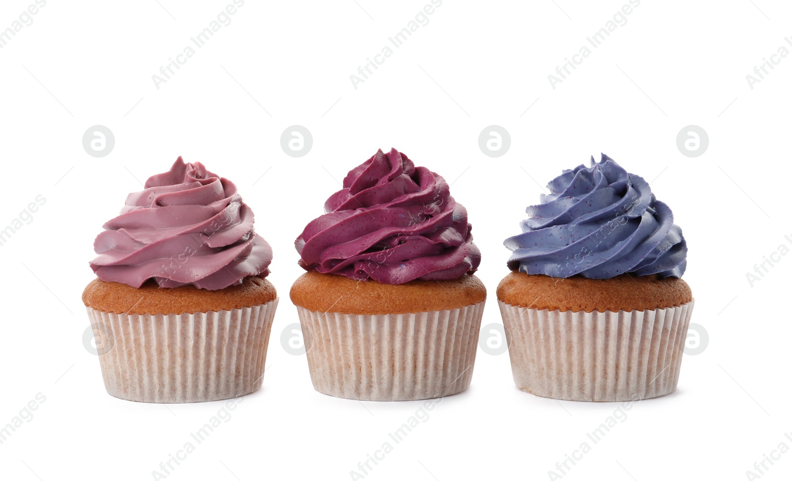 Photo of Different delicious colorful cupcakes on white background