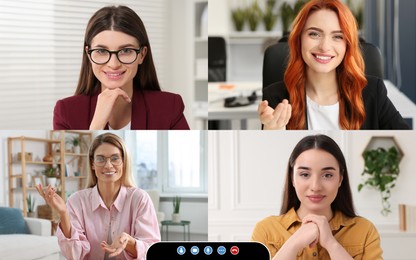 Image of Laptop (computer) screen showing people during video call. Colleagues having video chat