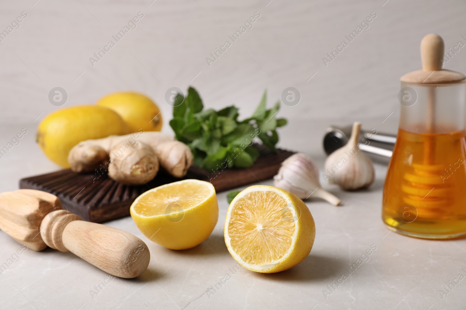 Photo of Composition with natural cough remedies on table
