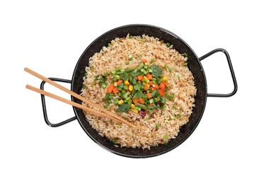 Tasty fried rice with vegetables and chopsticks isolated on white, top view