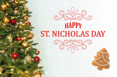 Happy St. Nicholas day, greeting card design. Decorated Christmas tree and tasty cookie on light background