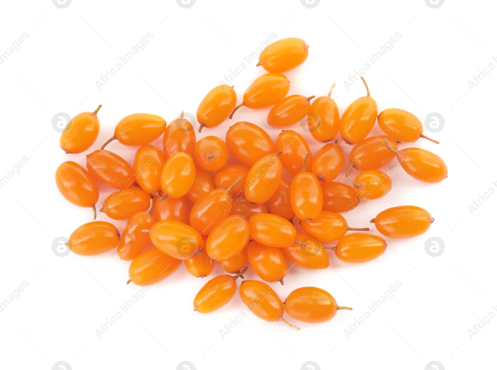 Photo of Fresh ripe sea buckthorn berries on white background, top view