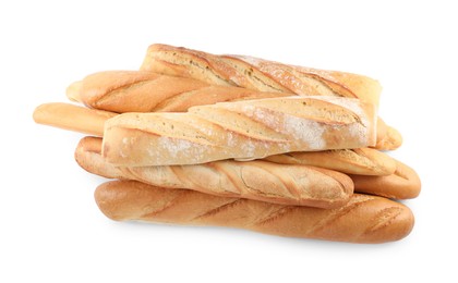 Photo of Different tasty baguettes on white background, top view. Fresh bread