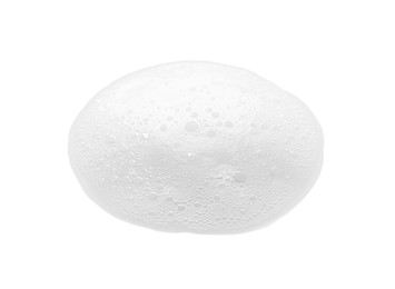 Photo of Drop of fluffy soap foam on white background