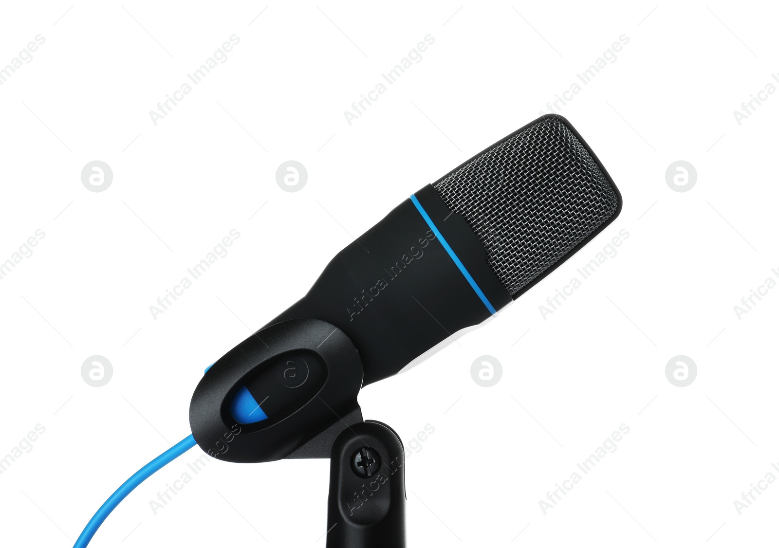 Photo of Condenser microphone with holder on white background