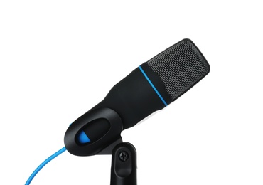 Photo of Condenser microphone with holder on white background