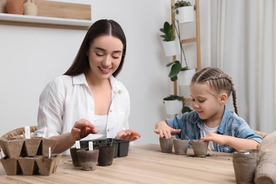 Mother and her daughter planting vegetable seeds into peat pots with soil at wooden table indoors