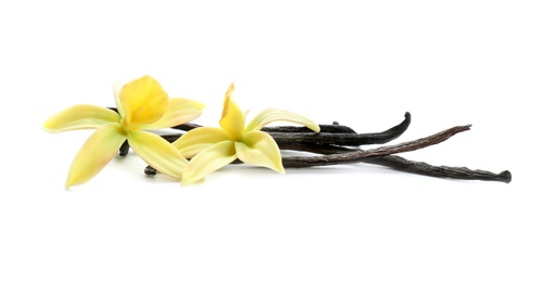 Photo of Aromatic vanilla sticks and flowers on white background