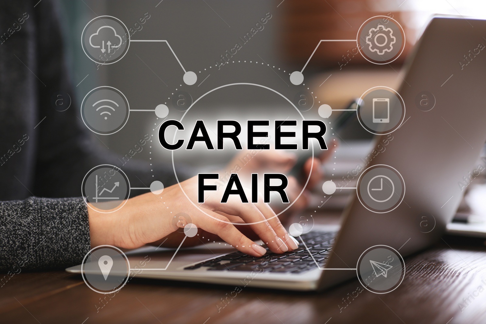 Image of Career fair. Woman working with laptop at table, closeup