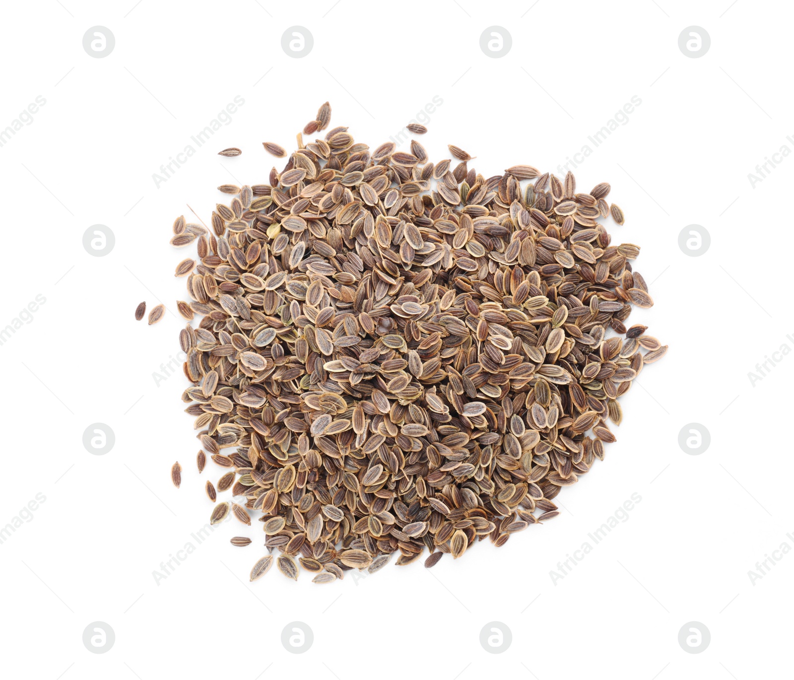 Photo of Heap of dry dill seeds isolated on white, top view