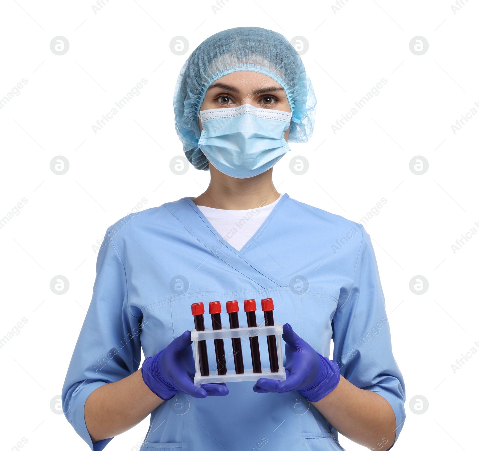 Photo of Laboratory testing. Doctor with blood samples in tubes on white background