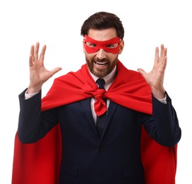 Photo of Happy businessman wearing red superhero cape and mask on white background