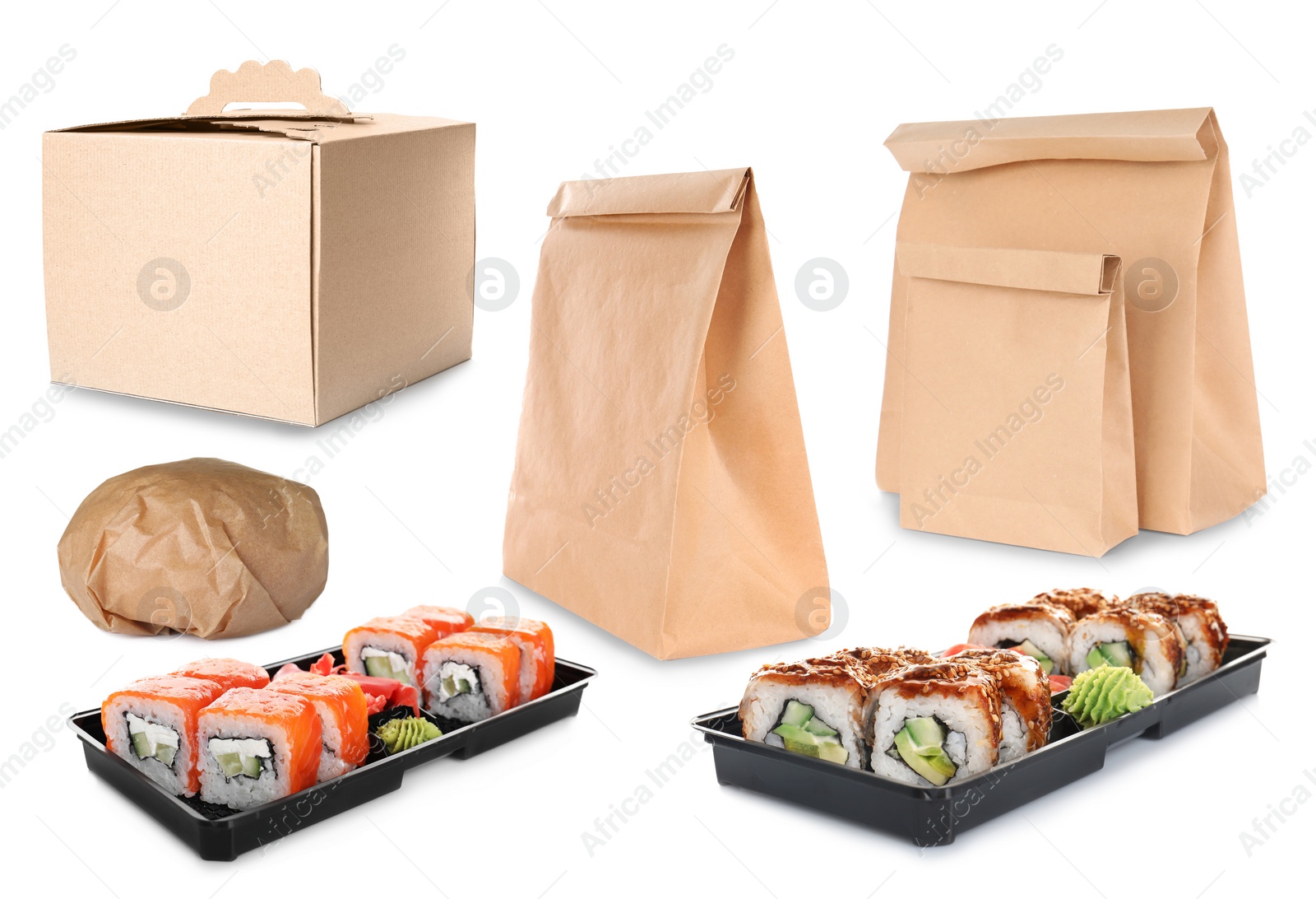 Image of Collage of cardboard and plastic containers on white background. Food delivery