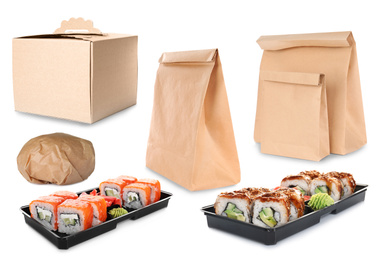 Image of Collage of cardboard and plastic containers on white background. Food delivery