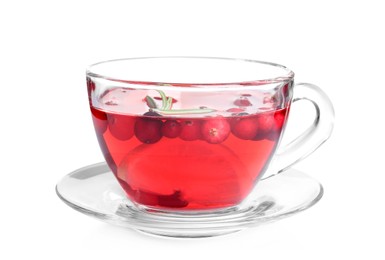 Photo of Tasty hot cranberry tea with rosemary and lemon in glass cup isolated on white
