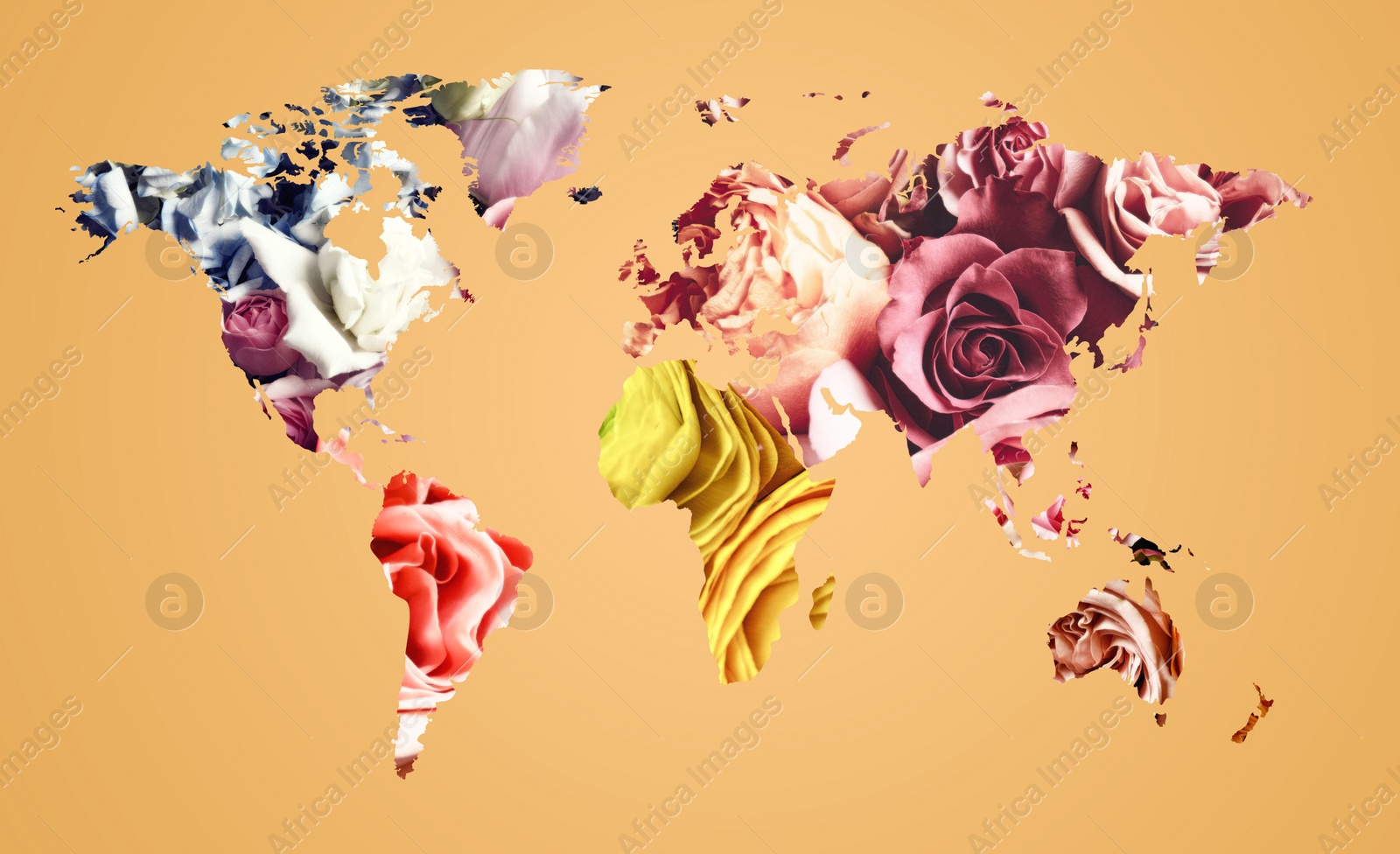 Image of World map made of beautiful flowers on pale orange background, banner design