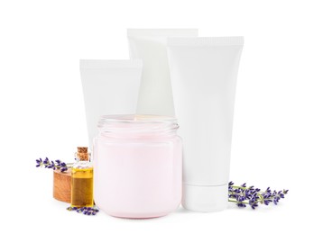 Photo of Different hand care cosmetic products and lavender on white background