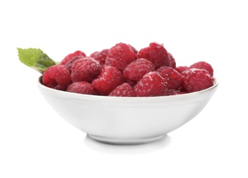 Photo of Plate with ripe raspberries on white background