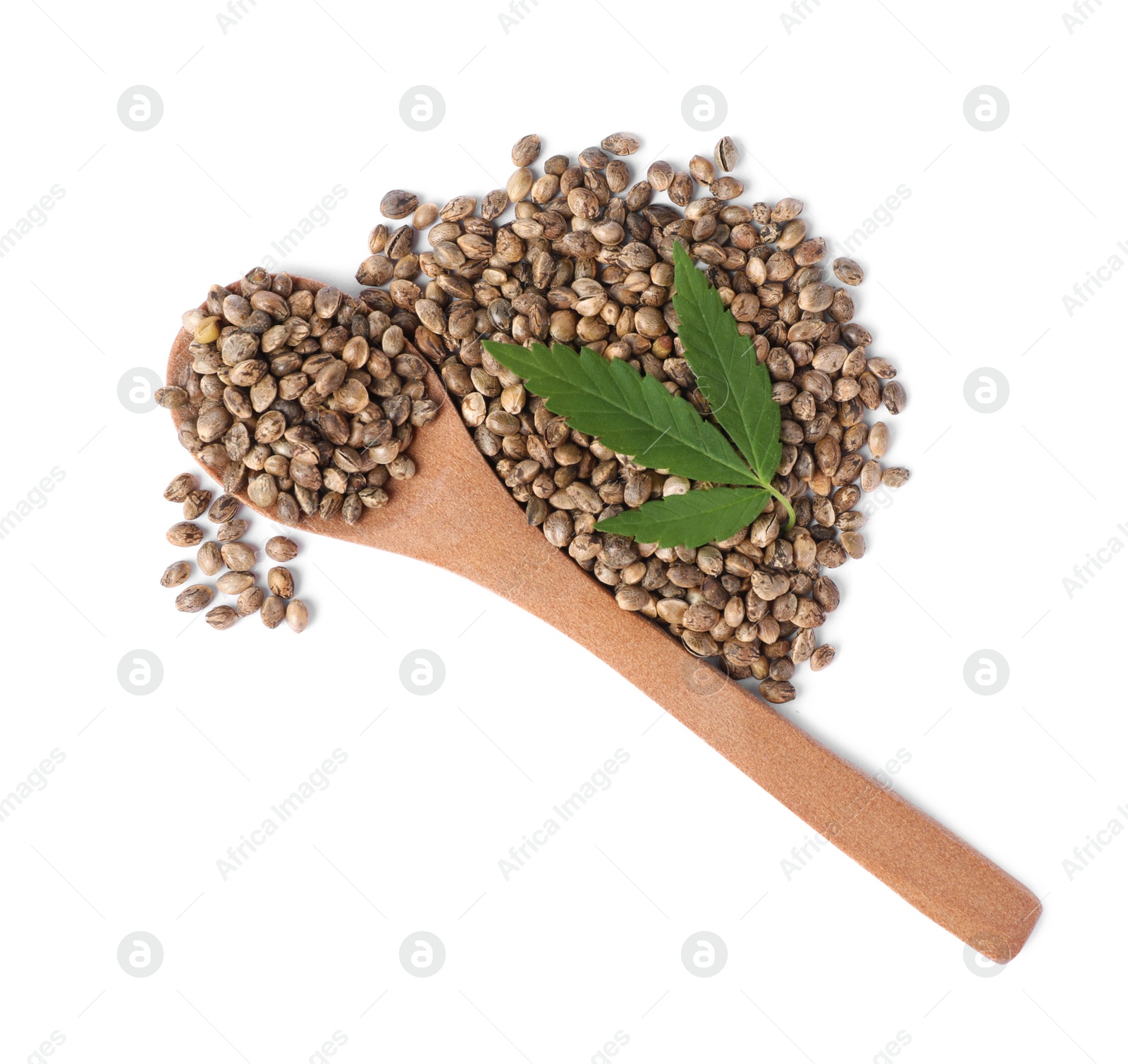Photo of Fresh green hemp leaf and spoon with seeds on white background, top view